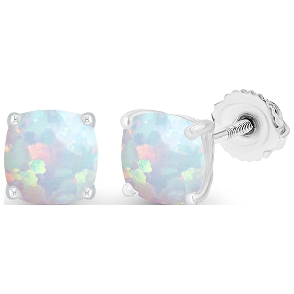 Decadence 925 Sterling Silver 4mm Cushion Cut Created Opal October Birthstone Screwback Stud Earrings