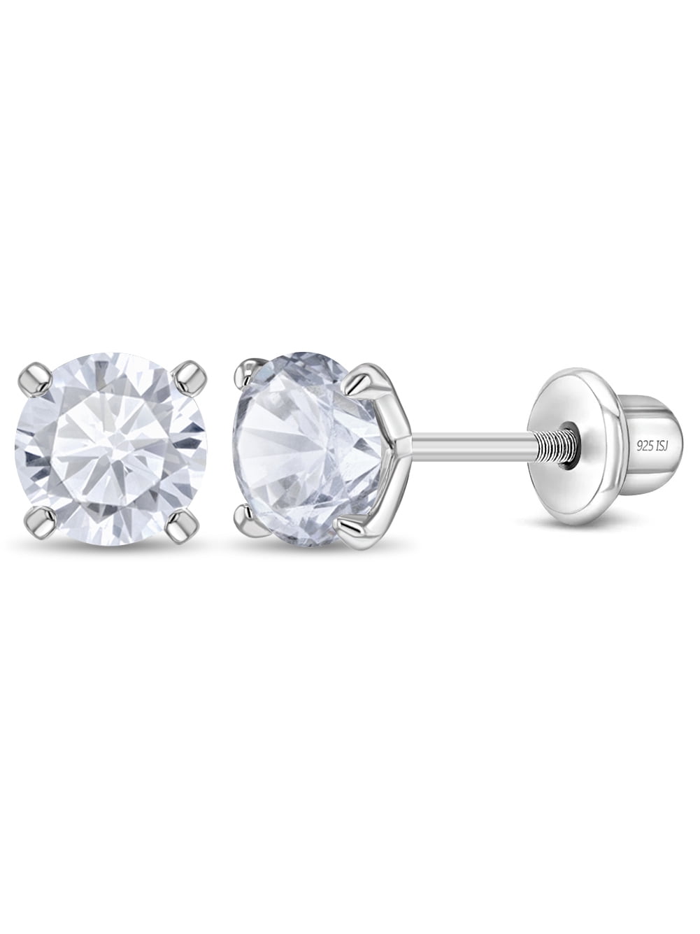 925 Sterling Silver 4mm Prong Set CZ Solitaire Screw Back Earrings for Girls