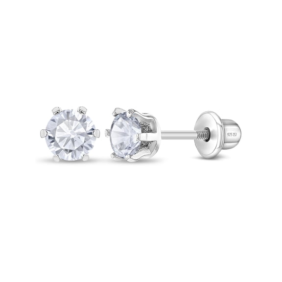 925 Sterling Silver 4mm Round CZ Prong Set Screw Back Earrings Girls Teens