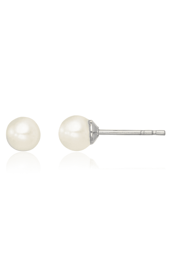 925 Sterling Silver 4mm White Round Freshwater Cultured Pearl Stud Earrings