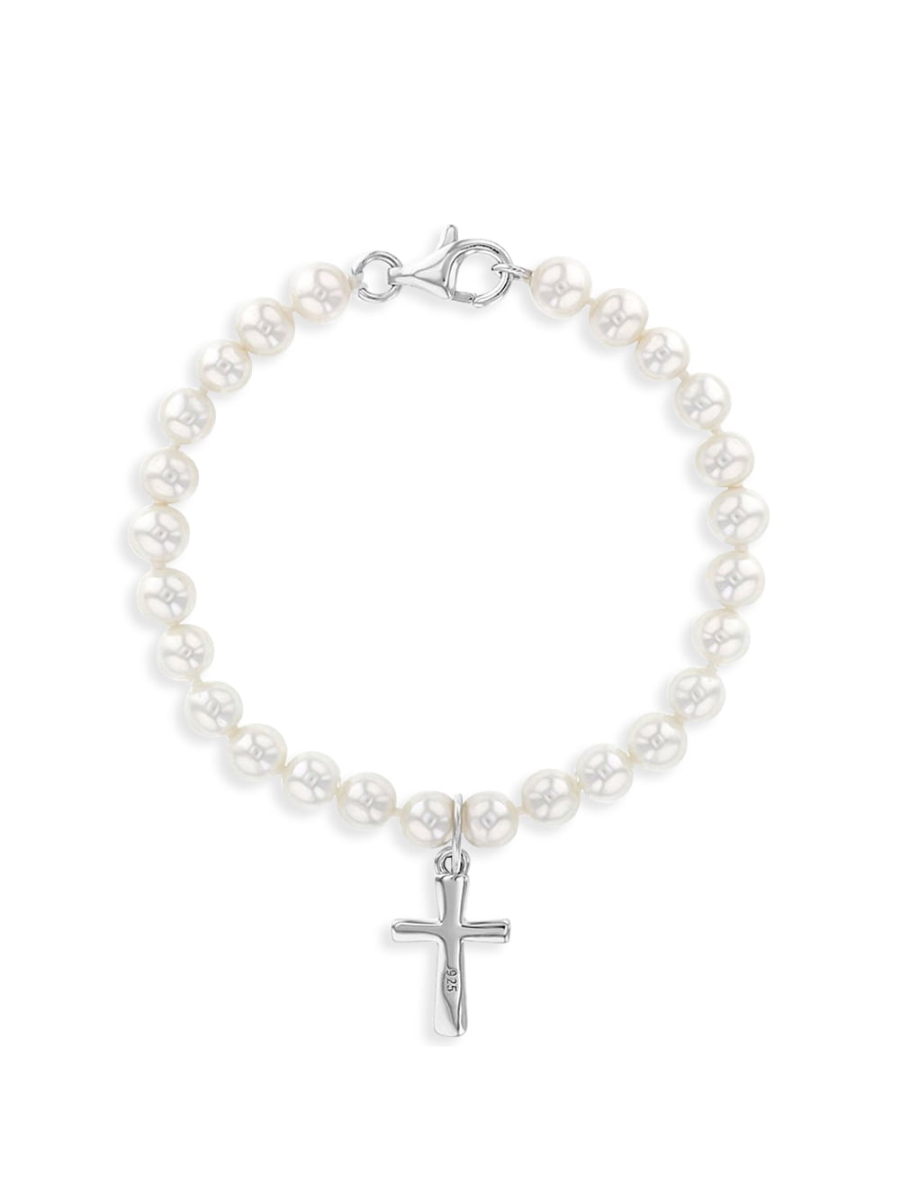 IN SEASON JEWELRY 925 Sterling Silver 5" Small White Simulated Pearl Baby Girls Cross Bracelet