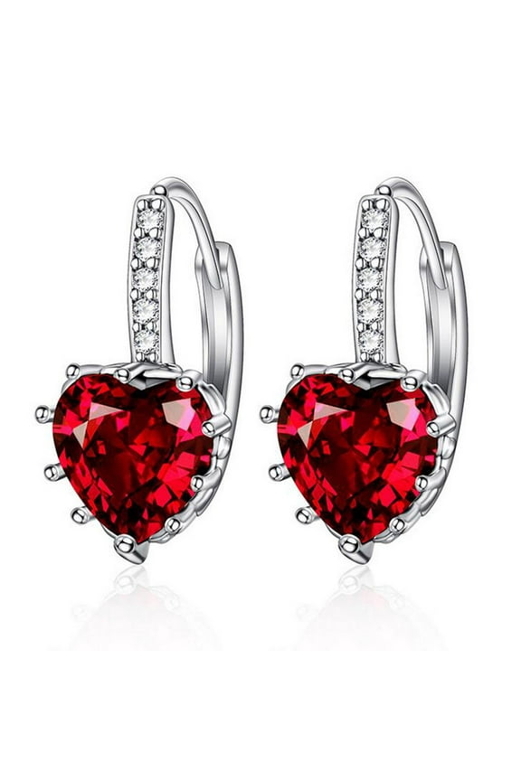 925 Sterling Silver 5MM Heart Shape Gemstone Birthstone and White Moissanite Halo Earrings | Heart Earrings For Women(Red)