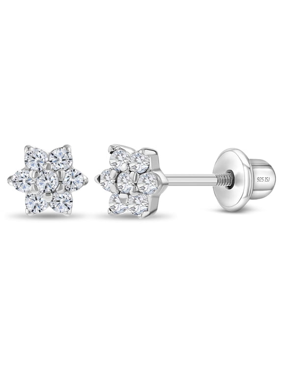 925 Sterling Silver 5mm CZ Flower Screw Back Earrings for Babies Toddlers Girls