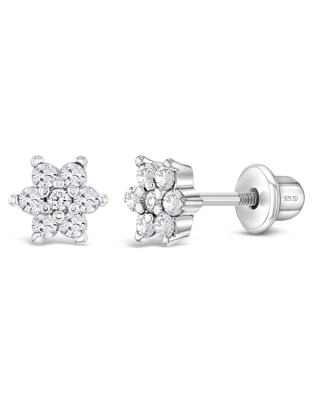 925 Sterling Silver 5mm CZ Flower Screw Back Earrings for Babies