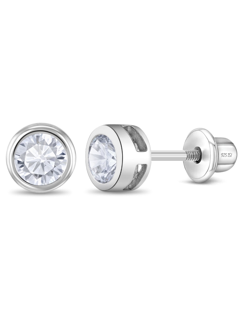 925 Sterling Silver 5mm CZ Screw Back Round Bezel Earrings for Baby Girls