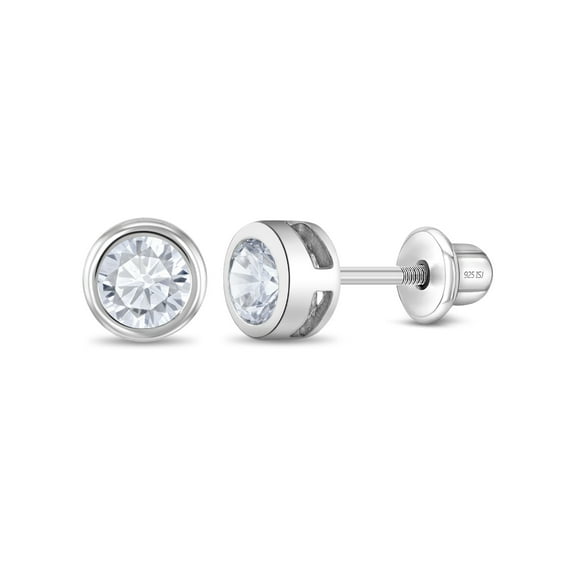 925 Sterling Silver 5mm CZ Screw Back Round Bezel Earrings for Baby Girls