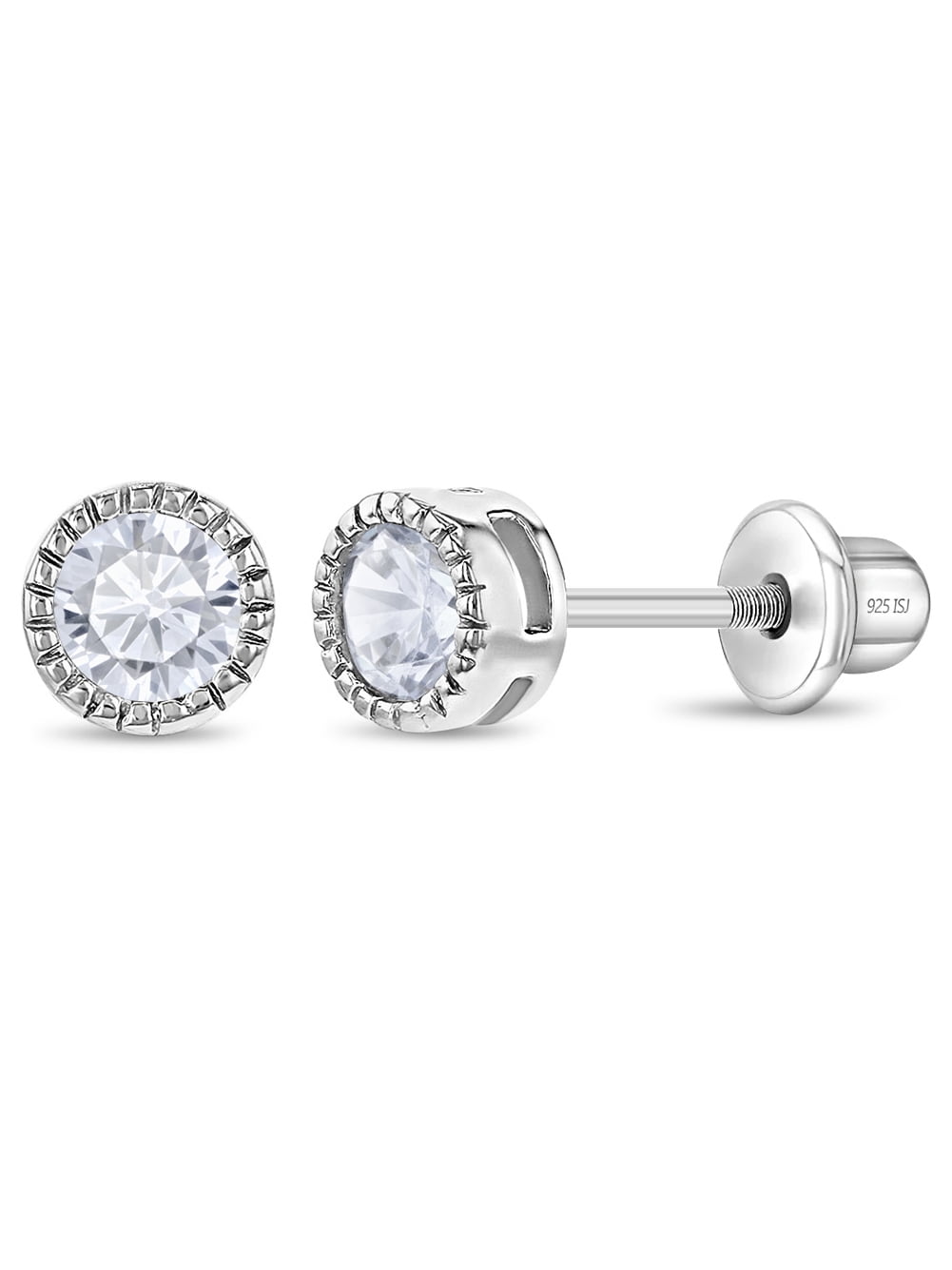 925 Sterling Silver 5mm Clear Bezel Cubic Zirconia Screw Back Toddler Earrings