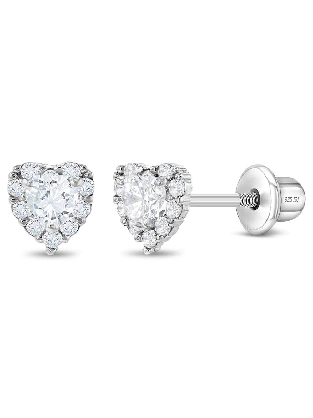 925 Sterling Silver 5mm Clear CZ Heart Girls Screw Back Earrings