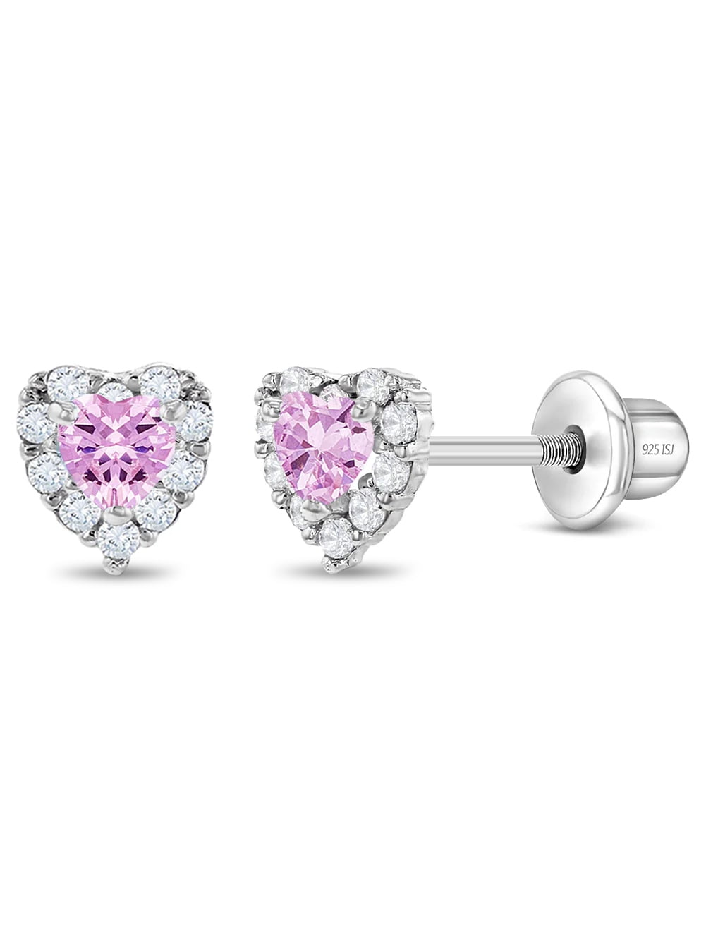 925 Sterling Silver 5mm Pink & Clear CZ Heart Toddler Girls Screw Back Earrings