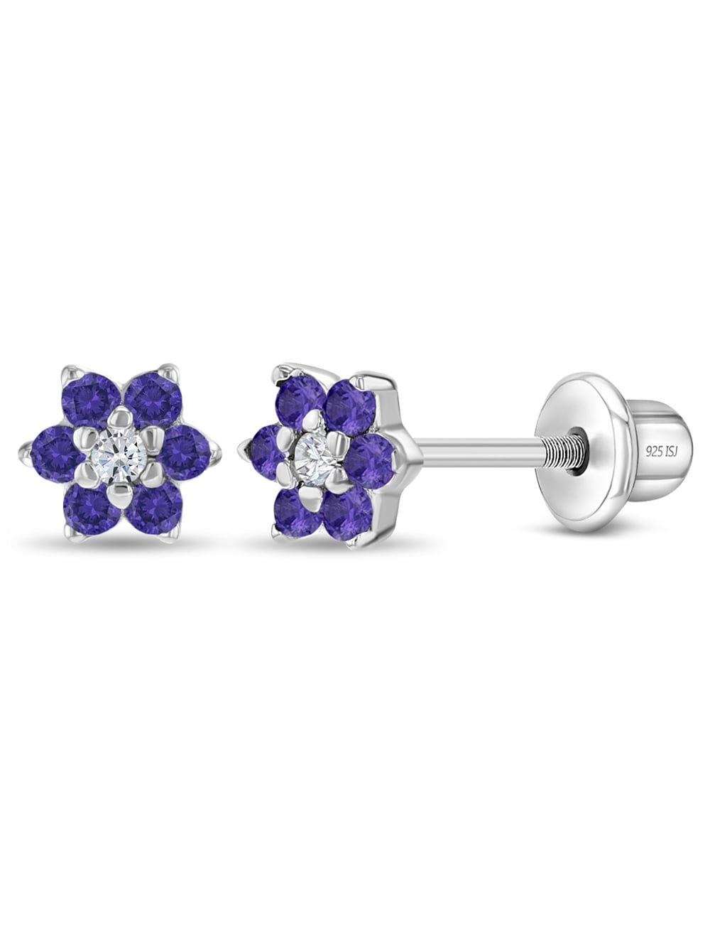 925 Sterling Silver 5mm Purple CZ Flower Screw Back Earrings Babies Toddlers