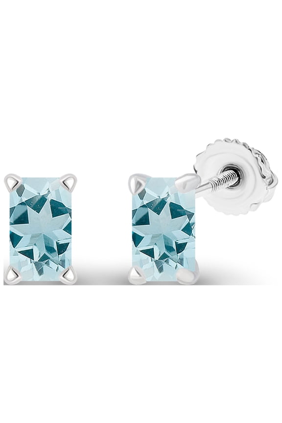 925 Sterling Silver 5x3mm Emerald Cut Natural Aquamarine March Birthstone Screwback Stud Earrings