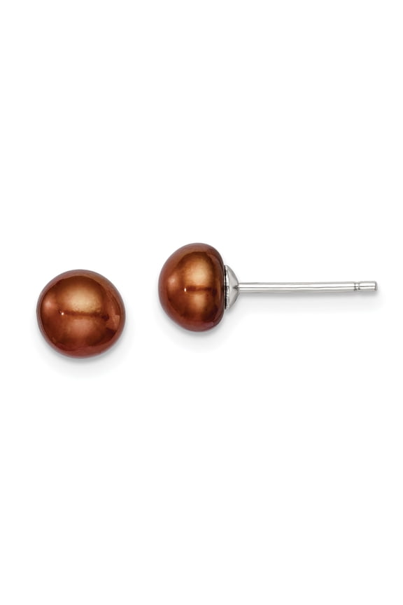 925 Sterling Silver 6-7mm Brown FW Cultured Button Pearl Stud Earrings