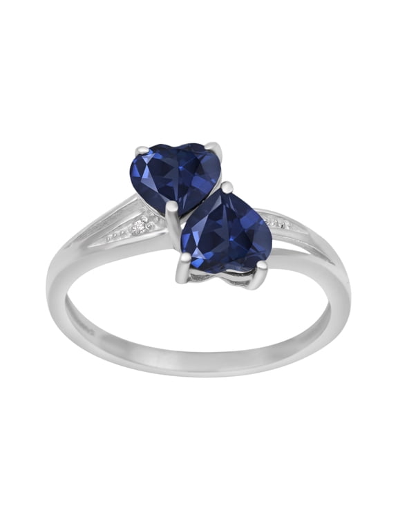 925 Sterling Silver 6MM Heart Shape Blue Sapphire Two Stone Heart Mother's Day Gift Ring