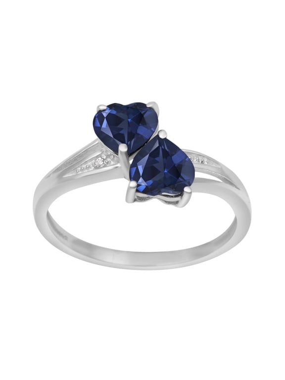 925 Sterling Silver 6MM Heart Shape Blue Sapphire Two Stone Heart Women's Valentines Day Gifts Ring