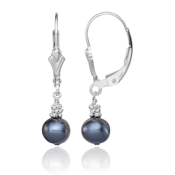 925 Sterling Silver 6mm Black Near Round Freshwater Cultured Pearl Drop Dangle Earrings