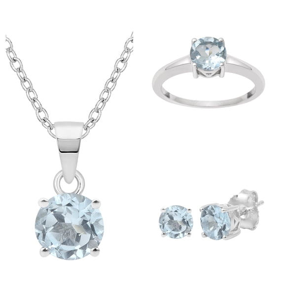 Mooneye 925 Sterling Silver 6mm Round Blue Topaz Pendant Ring Earrings Set Women Wedding Jewelry