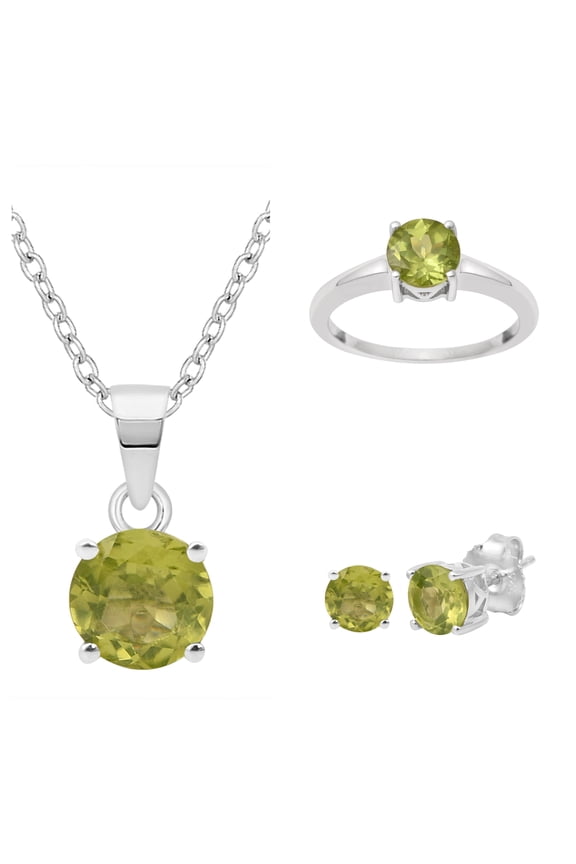 925 Sterling Silver 6mm Round Peridot Valentines Day Gifts Pendant Ring Earrings Set Wedding Jewelry