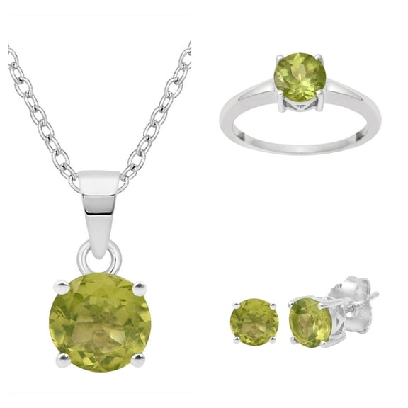 925 Sterling Silver 6mm Round Peridot Valentines Day Gifts Pendant Ring Earrings Set Wedding Jewelry