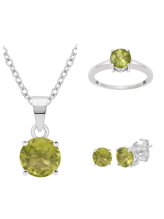 925 Sterling Silver 6mm Round Peridot Valentines Day Gifts Pendant Ring Earrings Set Wedding Jewelry