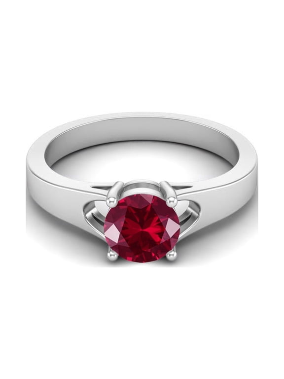 925 Sterling Silver 6mm Round Shape Ruby Glass Field Solitaire Wedding Ring for Women