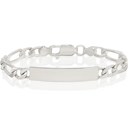 925 Sterling Silver Engraveable Figaro Link Name Bar Identification ID Bracelet