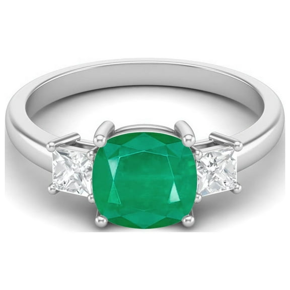 925 Sterling Silver 7 MM Cushion Shape Emerald Three Stone Engagement Women Valentines Day Gifts Ring