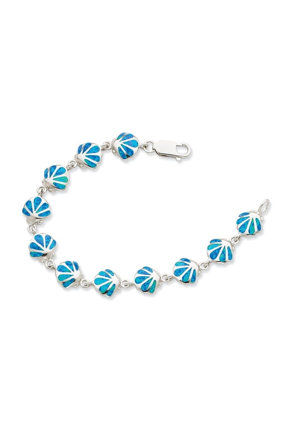 925 Sterling Silver 7in Created Blue Opal Inlay Shell Chain Bracelet; 7 inch; for Adults and Teens; for Women and Men
