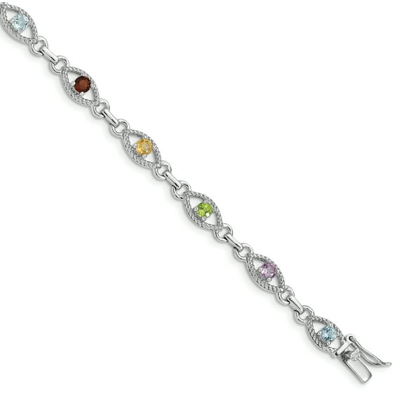 925 Sterling Silver 7inch Rhod Plated Multi-Color Gemstone Link Bracelet