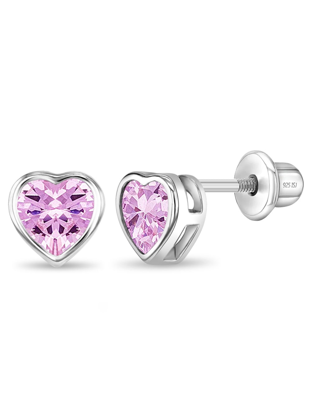 925 Sterling Silver 7mm Bezel Cubic Zirconia Heart Screw Back Earrings for Girls