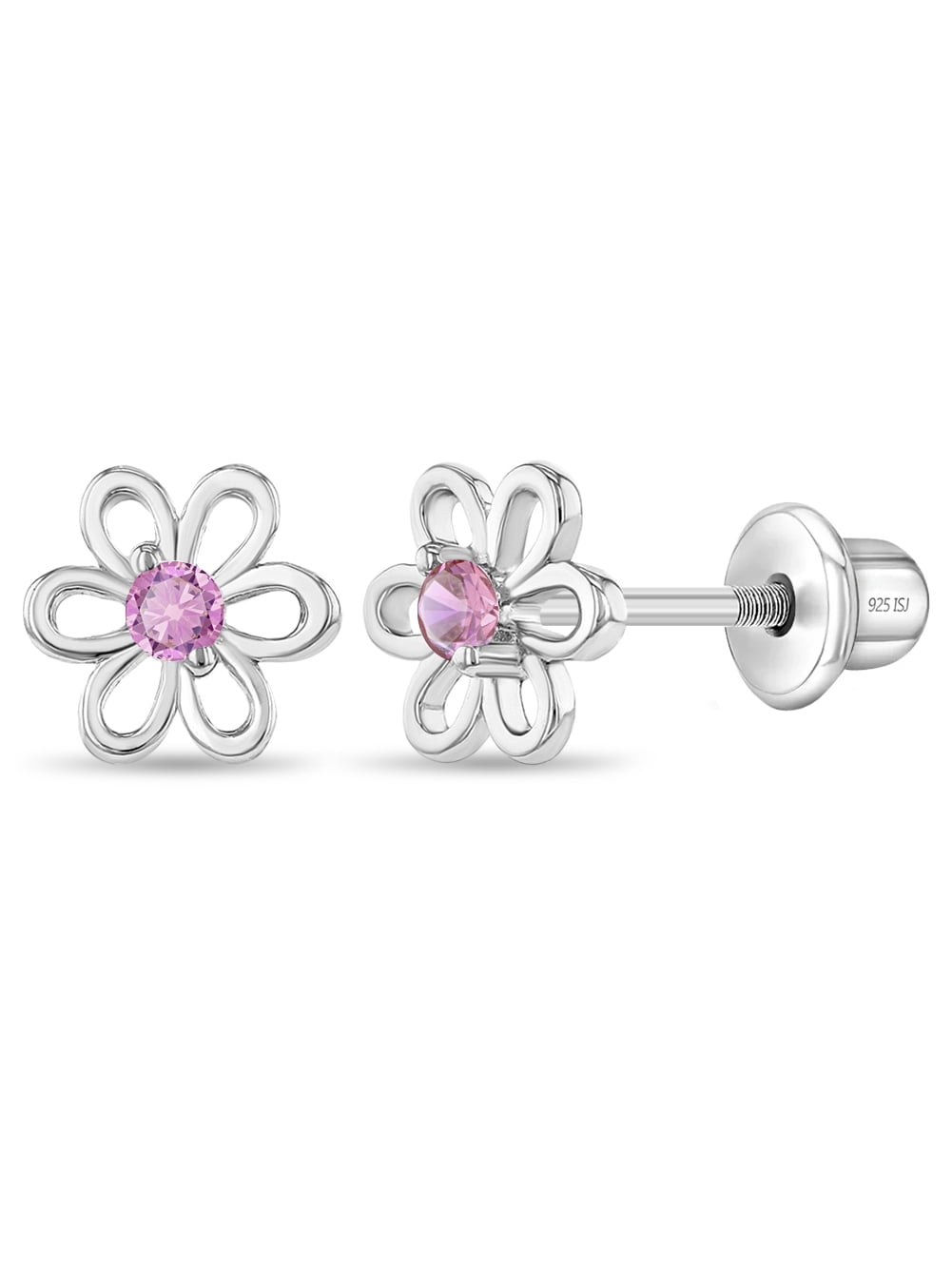 925 Sterling Silver 7mm Pink Cubic Zirconia Flower Screw Back Girls Earrings