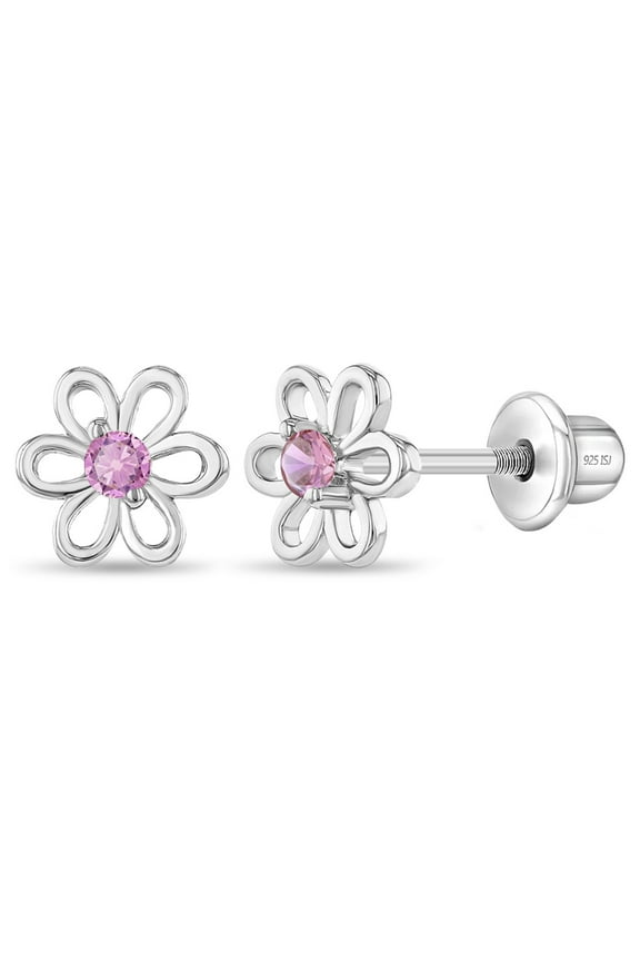 925 Sterling Silver 7mm Pink Cubic Zirconia Flower Screw Back Girls Earrings