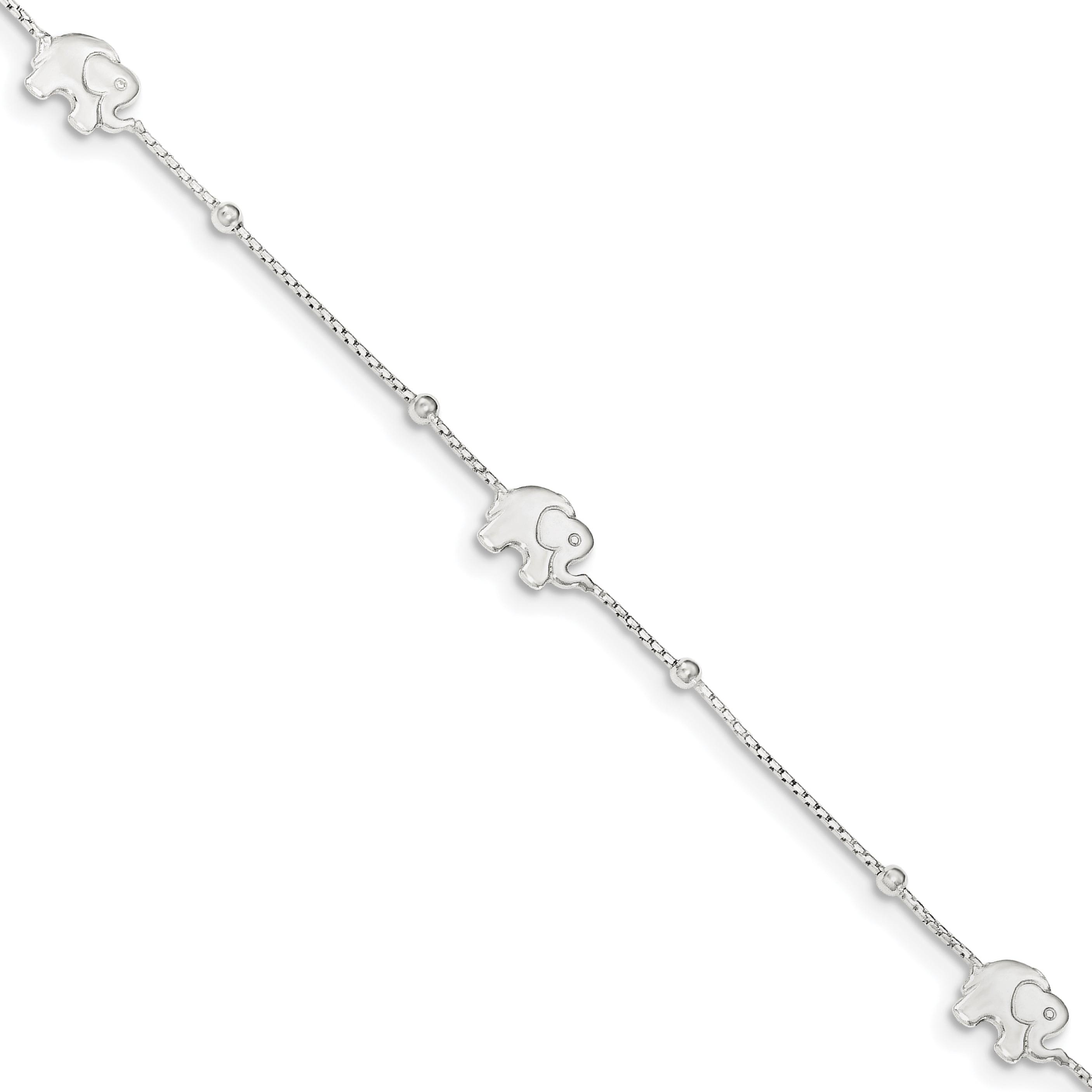 925 Sterling Silver 8mm Polished Elephant Chain Anklet with 2in Extender Length