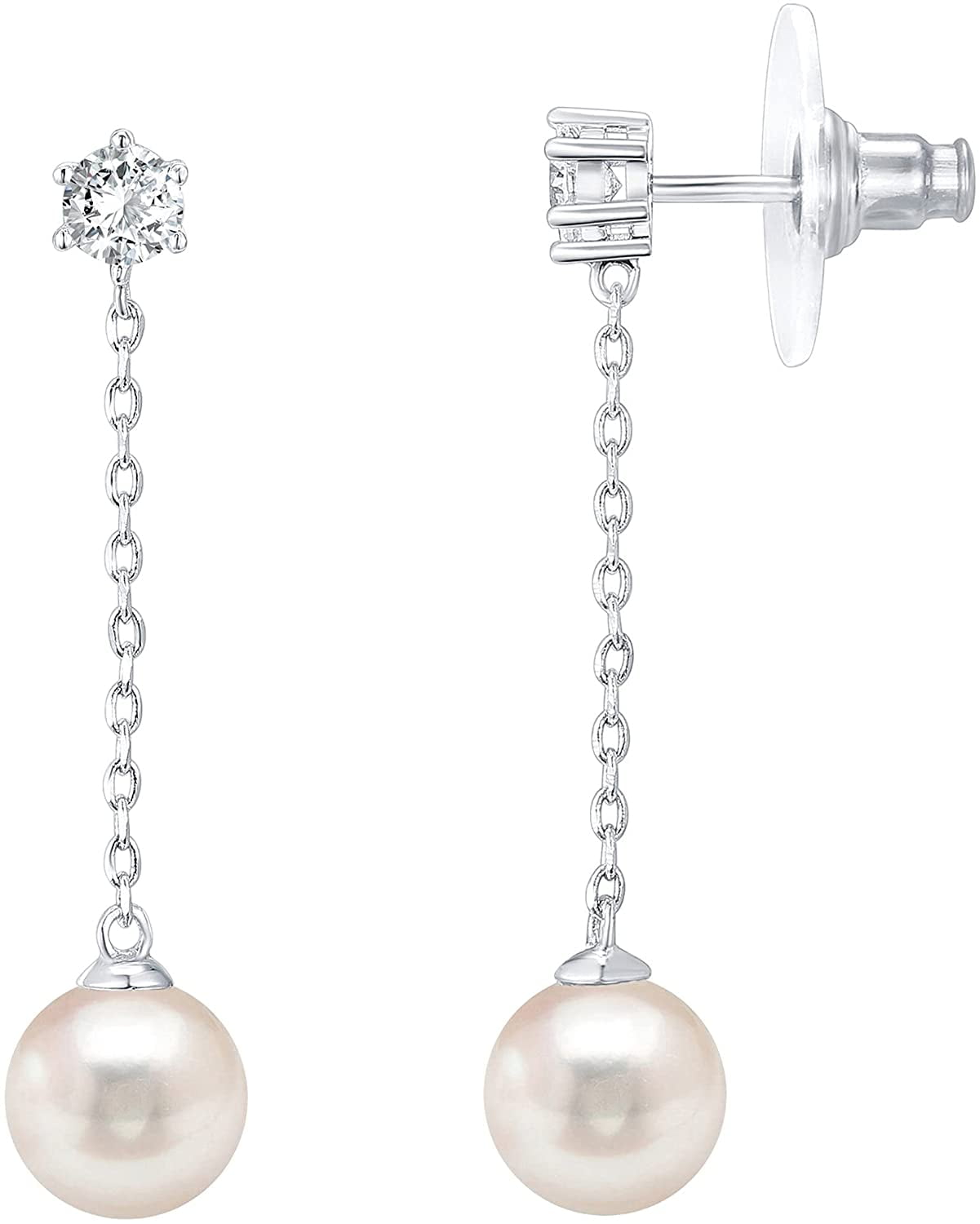 KUNGUGU 925 Sterling Silver 8mm White Freshwater Cultured Pearl Long Drop Dangle Chandelier Post Stud Earrings Fine Jewelry For Women Gifts For Her