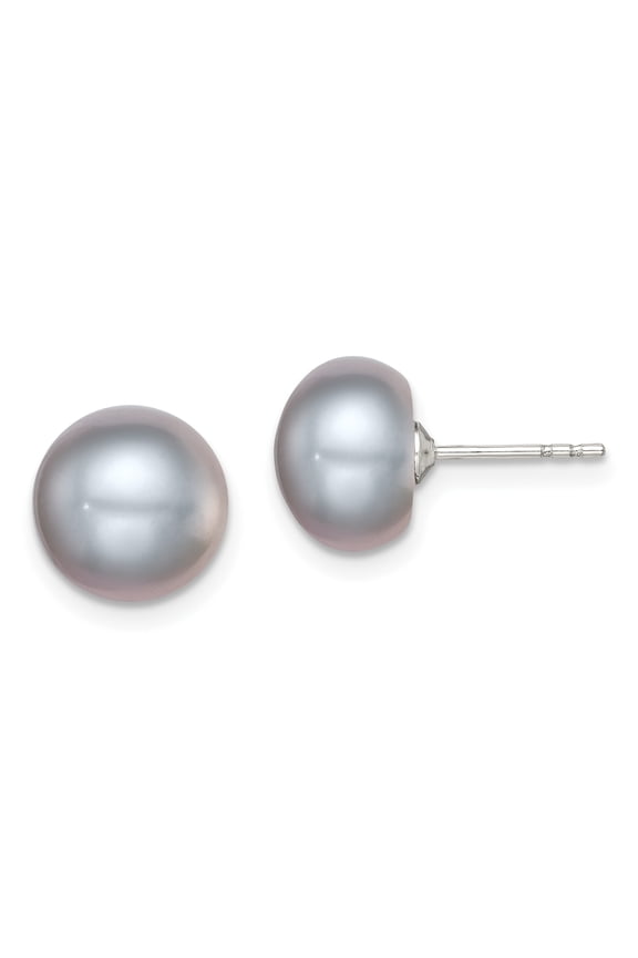 925 Sterling Silver 9-10mm Grey FW Cultured Button Pearl Stud Earrings