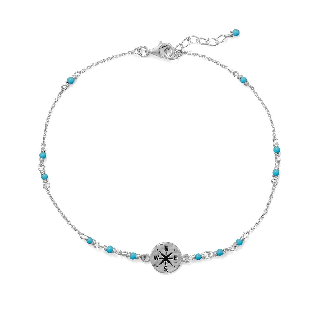 925 Sterling Silver 9.25 Inch + .75 Inch Blue-Beaded Anklet With Compass Charm 9.25+.75 Inch 2mm Blue-Re Anklet for Wome