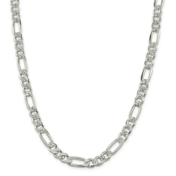 925 Sterling Silver 9.5mm Pave Flat Figaro Chain 24 Inch