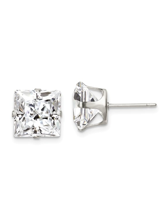 925 Sterling Silver 9mm Princess Square Snap Set CZ Stud Earrings; for Adults and Teens; for Women and Men