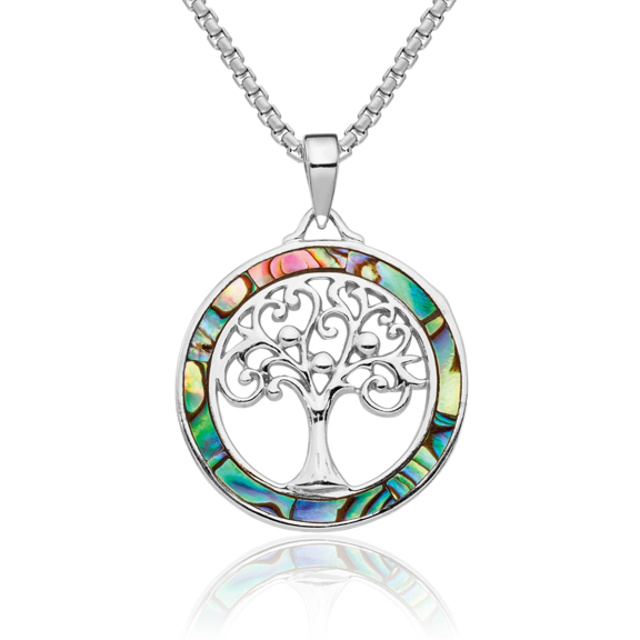 925 Sterling Silver Abalone Circle Round Tree of Life Necklace Chain Pendant Charm