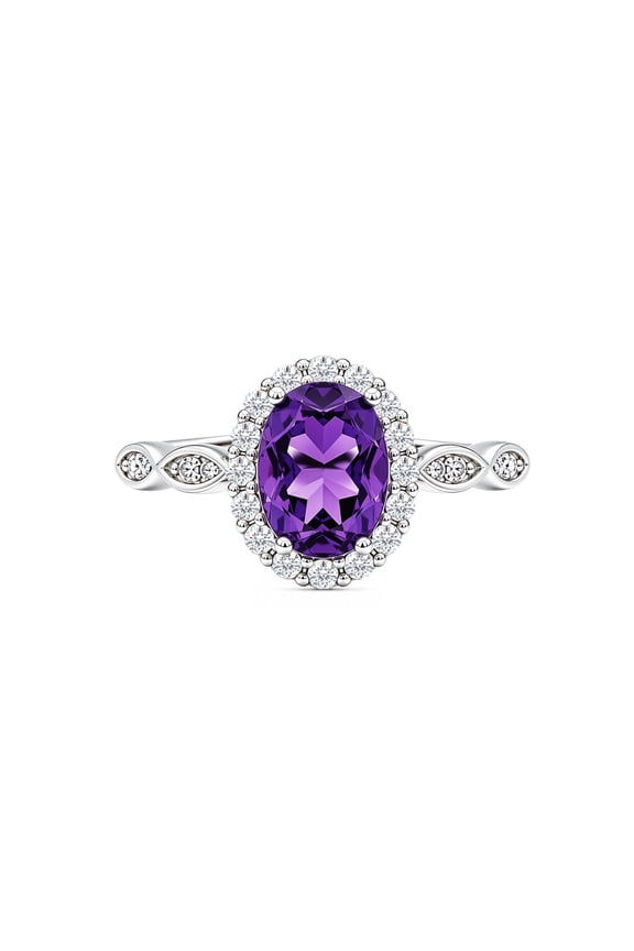 925 Sterling Silver Adjustable Oval Natural Amethyst Ring, Halo Round Cubic Zirconia Vintage Split Shank Gemstone Statement Ring, February Birthstone Jewelry for Birthday Anniversary Valentine's Day