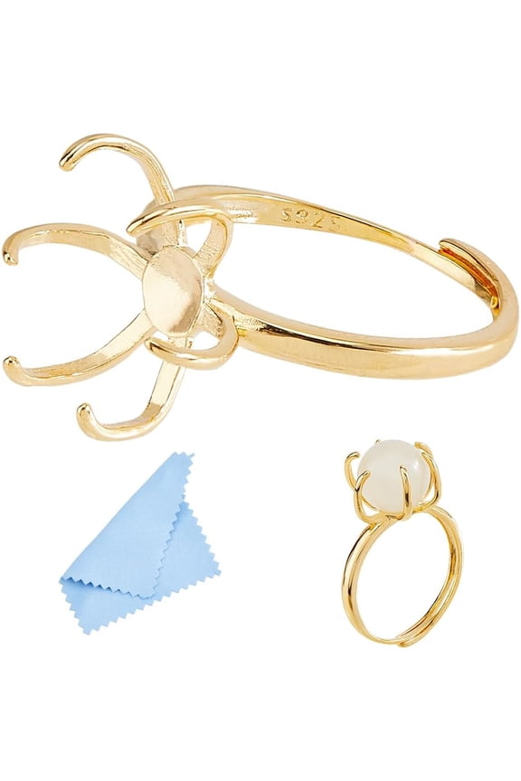 925 Sterling Silver Adjustable Ring Base 6 Claws Blank Ring Prong Claw Bezel Rings Finger Ring Component Gemstones Cabochon Setting with Polishing Cloth for Rings Making DIY Crafts