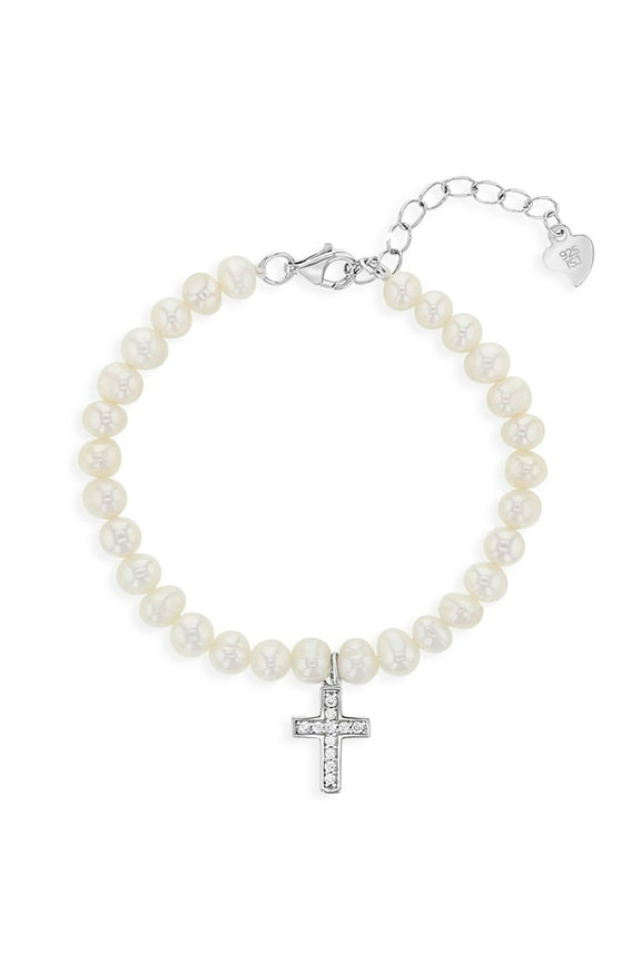 925 Sterling Silver Adjustable White Cultured Pearl & Cross Bracelet for Girls