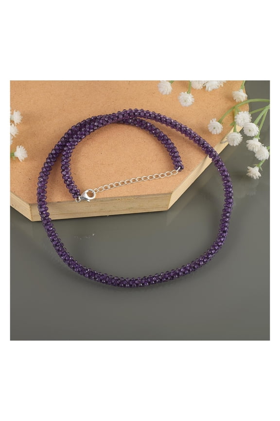 925 Sterling Silver African Amethyst Beaded Necklace for Women | Handmade Round Natural Gemstone Healing Crystal Jewelry with Lobster Clasp.