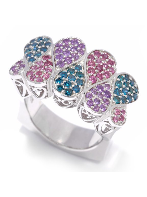 925 Sterling Silver African Amethyst, Blue Diamond, Rhodolite Garnet Ring