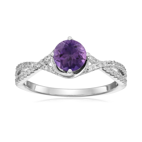 925 Sterling Silver African Amethyst, Created White Sapphire Ring