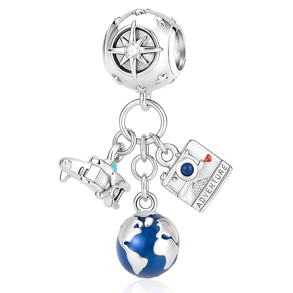 925 Sterling Silver Airplane, Blue Globe Camera Triple Dangle Charm for Bracelet Charms Bangle Pendant Jewelry
