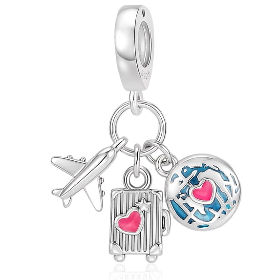 925 Sterling Silver Airplane, Luggage Globe Travel Triple Dangle Charm for Bracelet Charms Bangle Pendant Jewelry