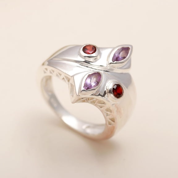 925 Sterling Silver Amethyst and Garnet Statement Ring for Women – Handmade Designer Dual-Gemstone Ring – US Sizes 5-10 – February & January Birthstone Jewelry