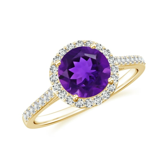 925 Sterling Silver Amethyst Halo Ring, Moissanite Engagement Ring in Yellow Yellow Gold Plated| Round February Birthstone Wedding Ring, Birthday, Anniversary, Wedding Jewelry, Ring Size 5