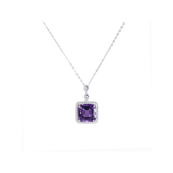 925 Sterling Silver Amethyst Pendant Necklace - Square Cut Halo Design with CZ Accent, Adjustable Protective Necklace Hypoallergenic Jewelry for Women