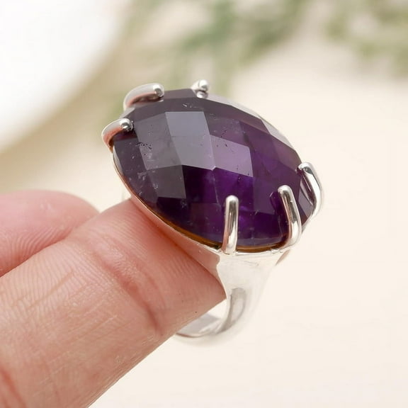 925 Sterling Silver Amethyst Statement Ring for Women, Handmade Designer Gemstone Ring, US Size 5-10